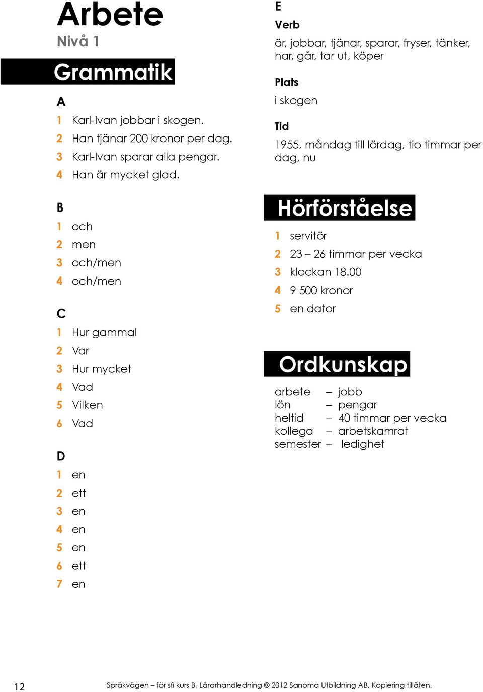 tjänar, sparar, fryser, tänker, har, går, tar ut, köper i skogen 1955, måndag till lördag, tio timmar per dag, nu 1 servitör 2 23 26 timmar