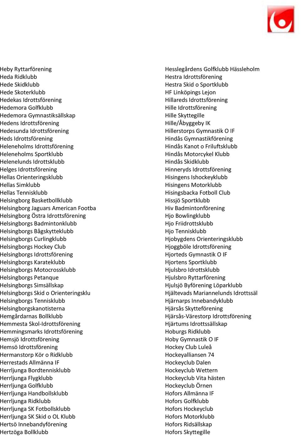 Basketbollklubb Helsingborg Jaguars American Footba Helsingborg Östra Idrottsförening Helsingborgs Badmintonklubb Helsingborgs Bågskytteklubb Helsingborgs Curlingklubb Helsingborgs Hockey Club