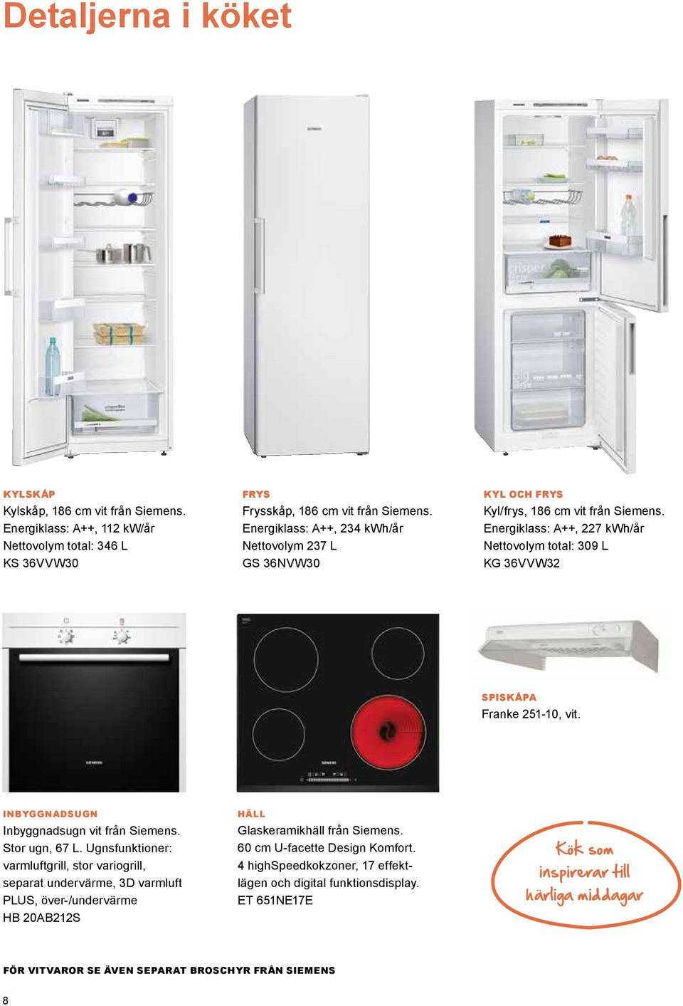 Energiklass: ++, 227 kwh/år Nettovolym total: 309 L KG 36VVW32 spiskåpa Franke 251-10, vit. INYGGNDSUGN Inbyggnadsugn vit från Siemens. Stor ugn, 67 L.