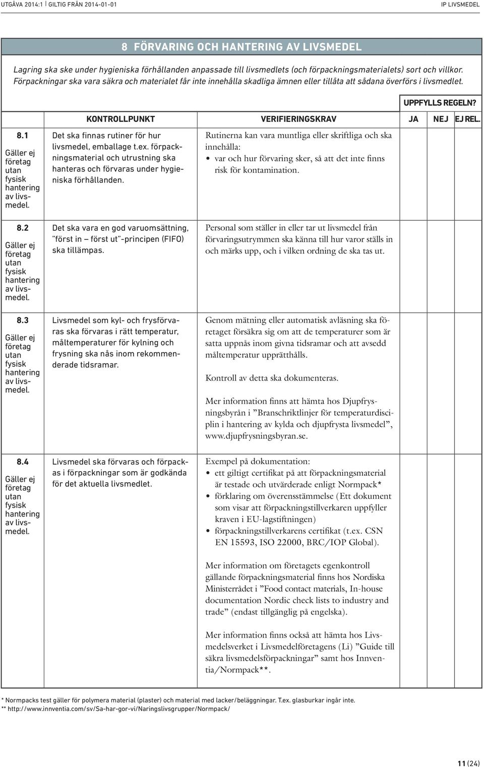 3 Det ska finnas rutiner för hur livsmedel, emballage t.ex. förpackningsmaterial och utrustning ska hanteras och förvaras under hygieniska förhållanden.