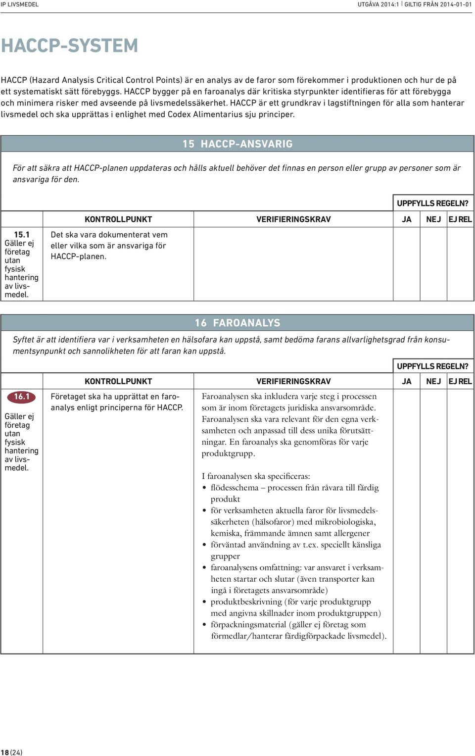 HACCP är ett grundkrav i lagstiftningen för alla som hanterar livsmedel och ska upprättas i enlighet med Codex Alimentarius sju principer.
