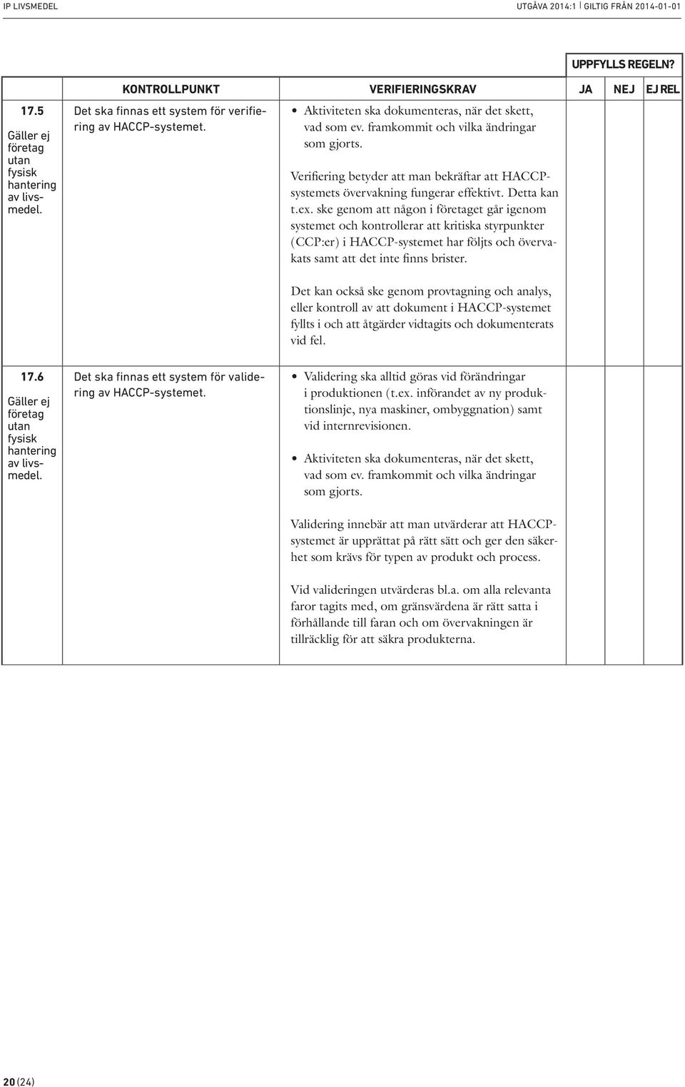 Detta kan t.ex. ske genom att någon i et går igenom systemet och kontrollerar att kritiska styrpunkter (CCP:er) i HACCP-systemet har följts och övervakats samt att det inte finns brister.