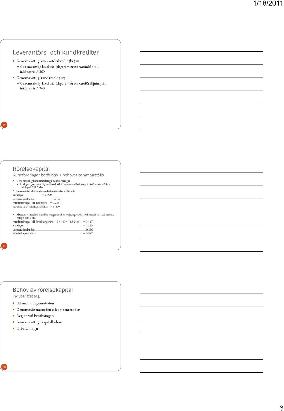 kundkredittid * ( Årets varuförsäljning till inköpspris 6 Mkr / 360 dagar) = 0,2 Mkr Sammanställ det totala rörelsekapitalbehovet (Mkr).