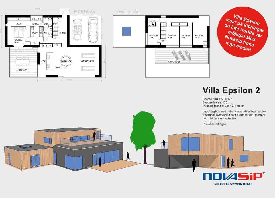 Villa Epsilon 2 Boarea: 118 + 58 = 177 Byggnadsarea: 175 Invändig takhöjd: 2,8 + 2,4