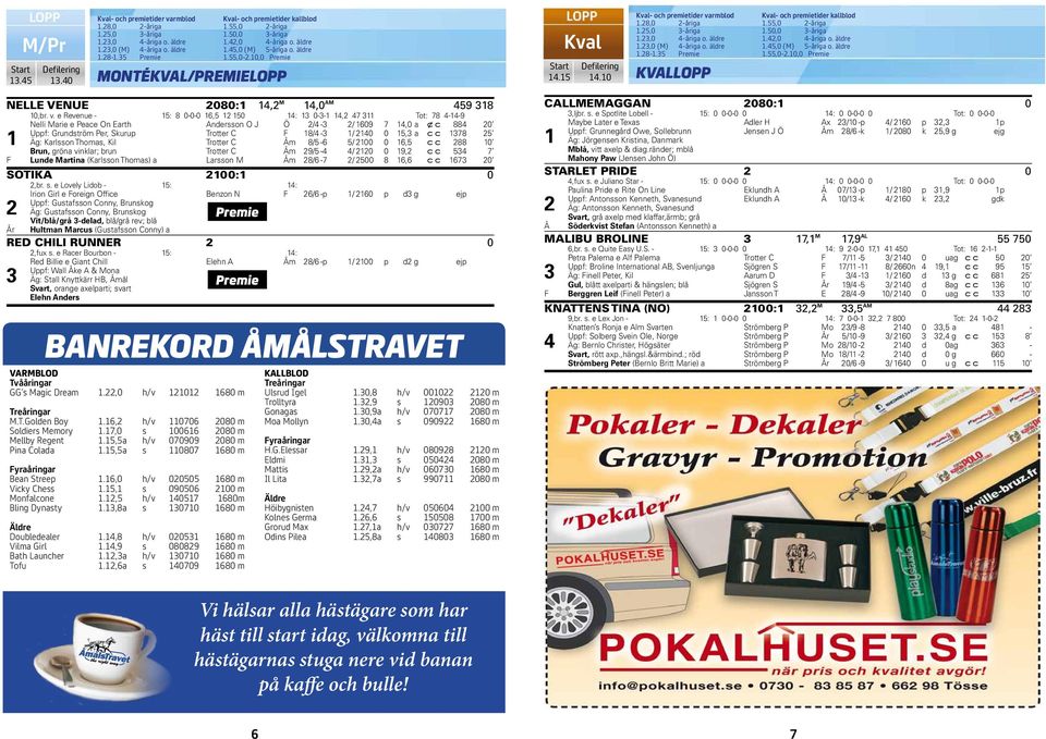 e Revenue - : 0-0-0, 0 : 0--, Tot: -- Nelli Marie e Peace On Earth Andersson O J Ö / - / 0,0 a x c 0 Uppf: Grundström Per, Skurup Trotter C F / - / 0 0, a c c Äg: Karlsson Thomas, Kil Trotter C Åm /