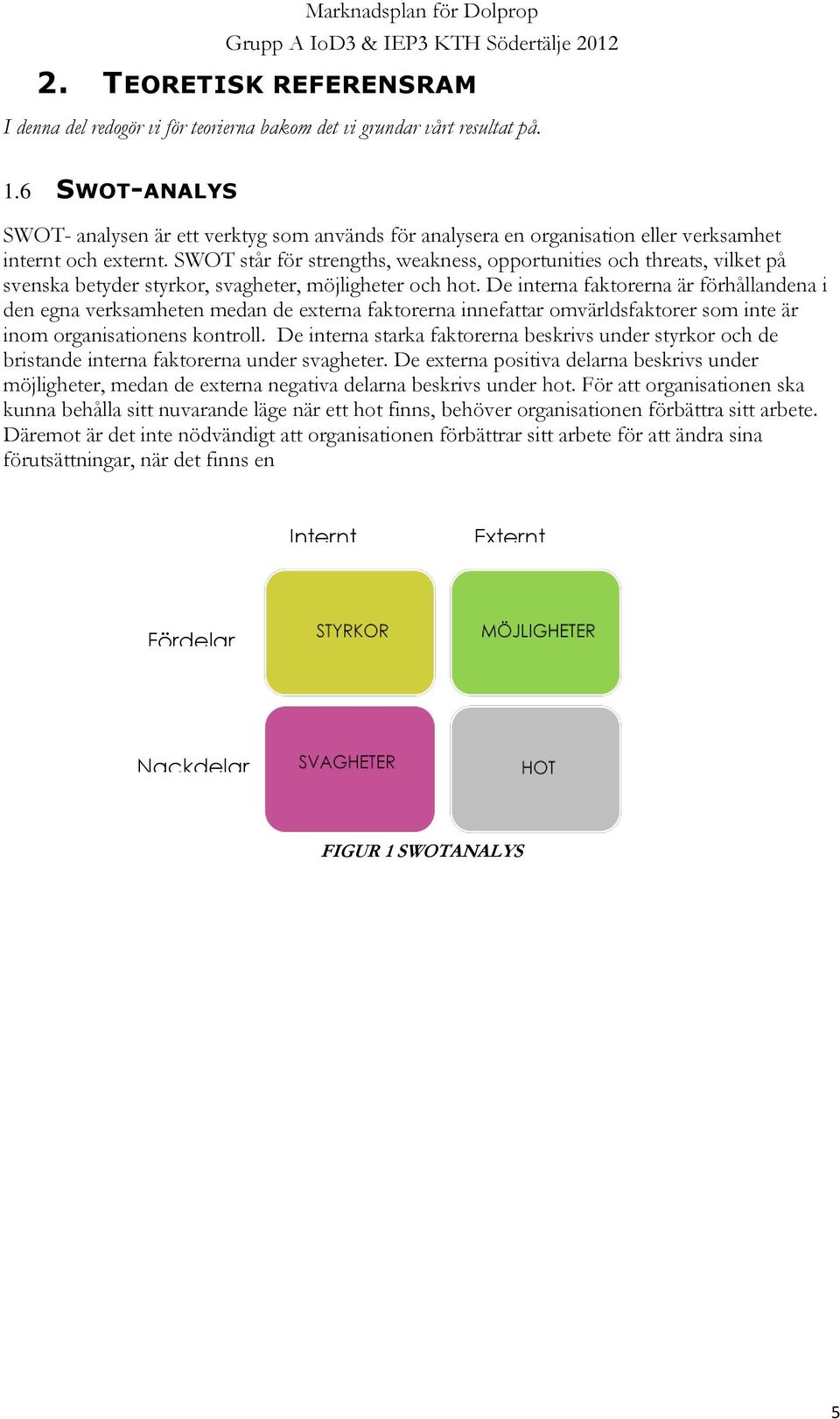 SWOT står för strengths, weakness, opportunities och threats, vilket på svenska betyder styrkor, svagheter, möjligheter och hot.