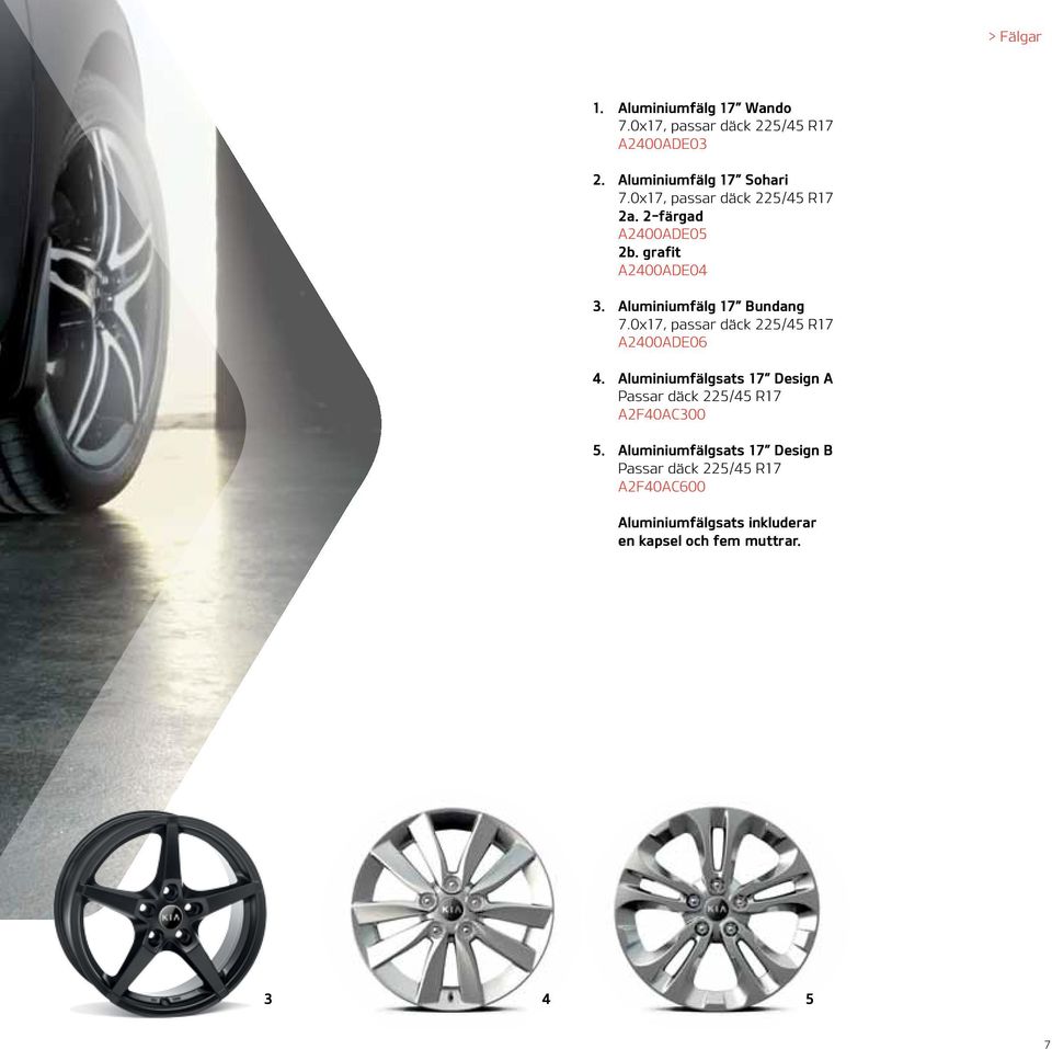 0x17, passar däck 225/45 R17 A2400ADE06 4. Aluminiumfälgsats 17 Design A Passar däck 225/45 R17 A2F40AC300 5.