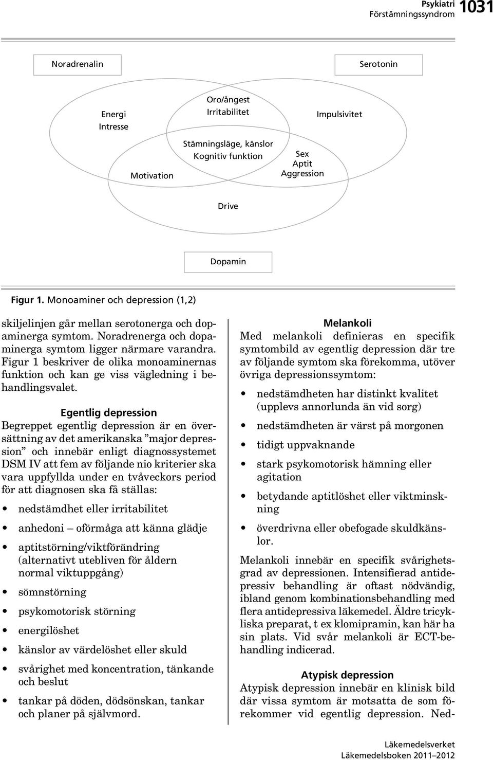 Figur 1 beskriver de olika monoaminernas funktion och kan ge viss vägledning i behandlingsvalet.