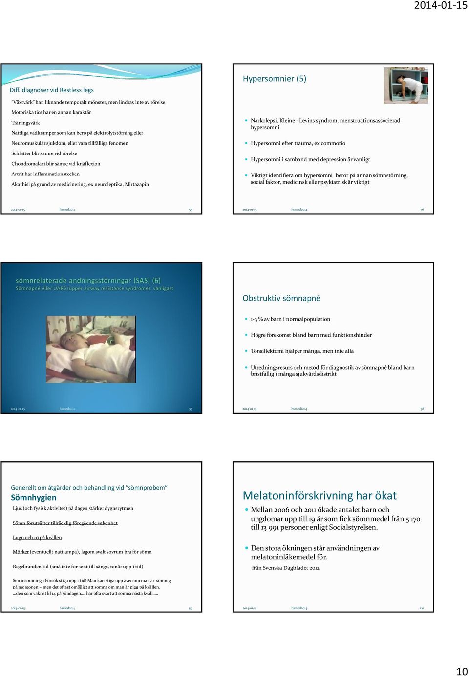 grund av medicinering, ex neuroleptika, Mirtazapin Hypersomnier (5) Narkolepsi, Kleine Levins syndrom, menstruationsassocierad hypersomni Hypersomni efter trauma, ex commotio Hypersomni i samband med