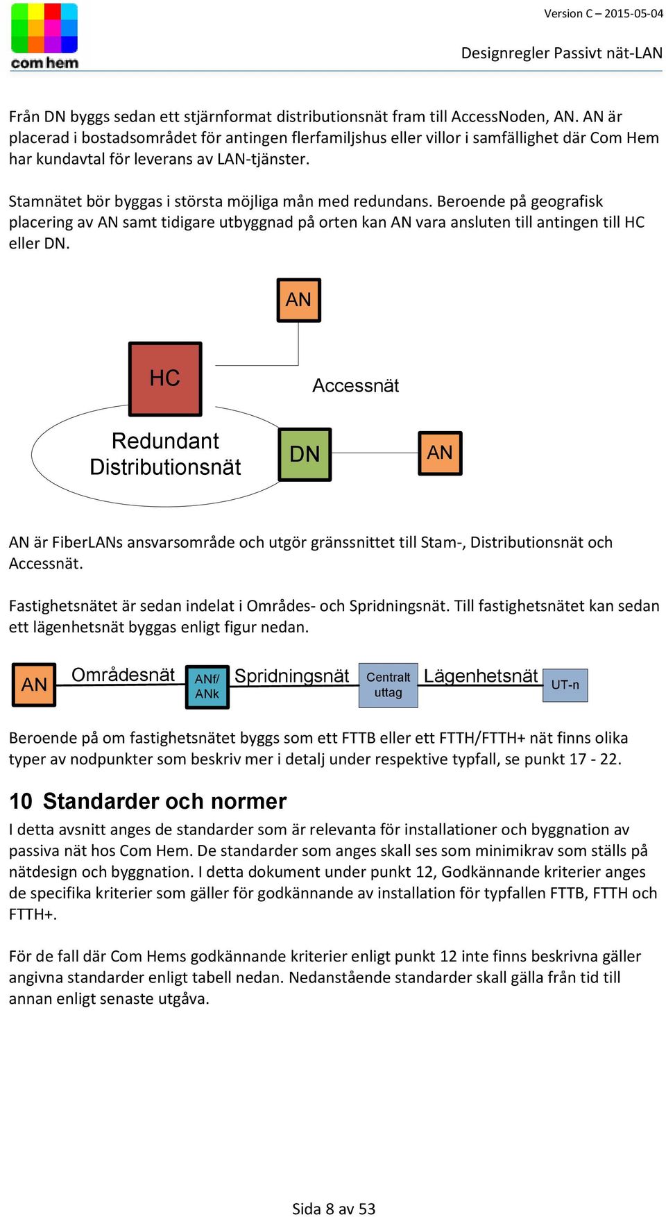 Stamnätet bör byggas i största möjliga mån med redundans. Beroende på geografisk placering av AN samt tidigare utbyggnad på orten kan AN vara ansluten till antingen till HC eller DN.