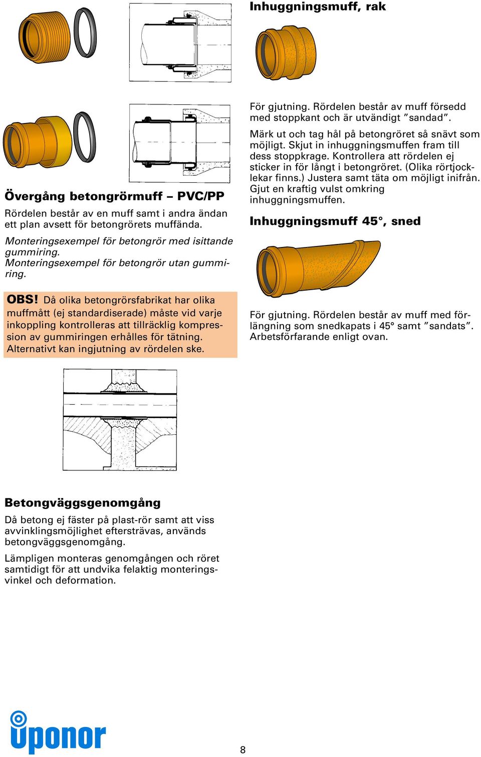 Då olika betongrörsfabrikat har olika muffmått (ej standardiserade) måste vid varje inkoppling kontrolleras att tillräcklig kompression av gummiringen erhålles för tätning.