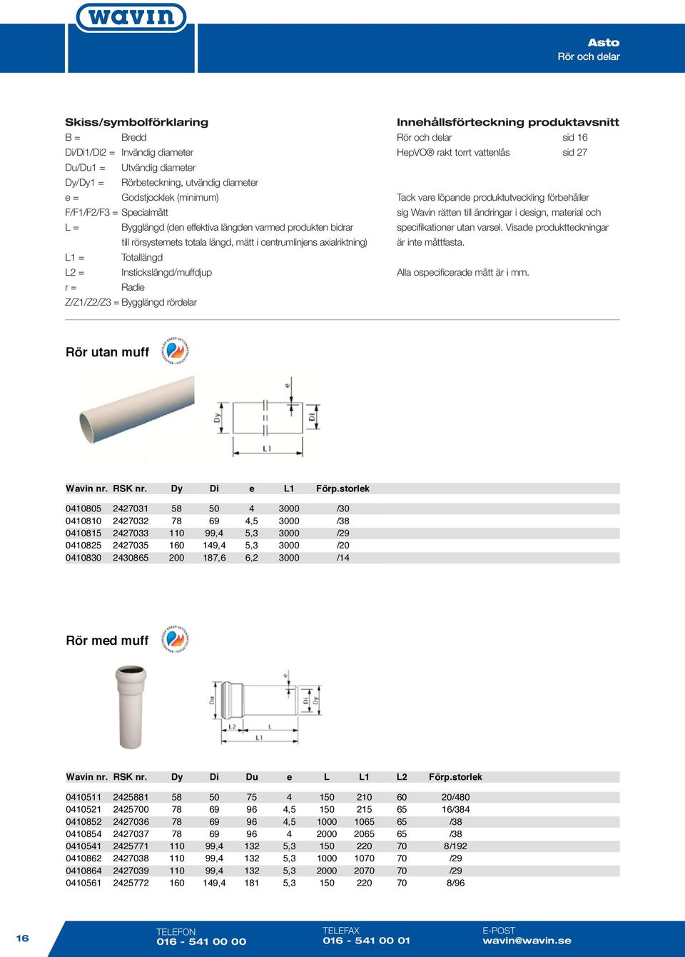 Bygglängd rördelar Innehållsförteckning produktavsnitt Rör och delar sid 16 HepVO rakt torrt vattenlås sid 27 Tack vare löpande produktutveckling förbehåller sig Wavin rätten till ändringar i design,