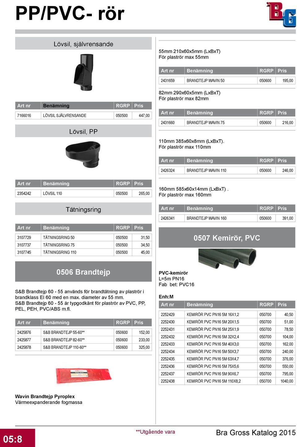 För plaströr max 110mm 2426324 BRANDTEJP WAVIN 110 050600 246,00 2354242 LÖVSIL 110 050500 265,00 Tätningsring 3107729 TÄTNINGSRING 50 050500 31,50 3107737 TÄTNINGSRING 75 050500 34,50 3107745