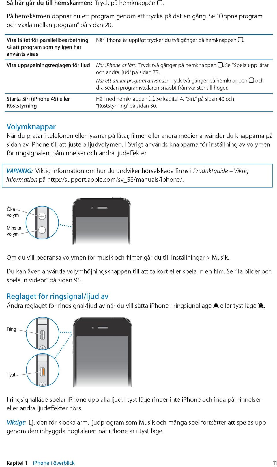 Visa uppspelningsreglagen för ljud När iphone är låst: Tryck två gånger på hemknappen. Se Spela upp låtar och andra ljud på sidan 78.