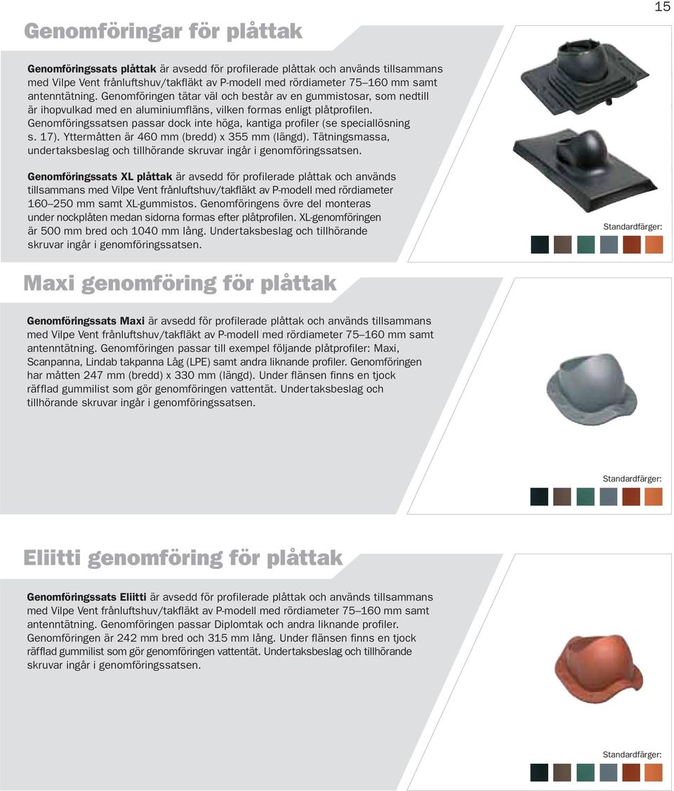 Genomföringssatsen passar dock inte höga, kantiga profiler (se speciallösning s. 17). Yttermåtten är 460 mm (bredd) x 355 mm (längd).