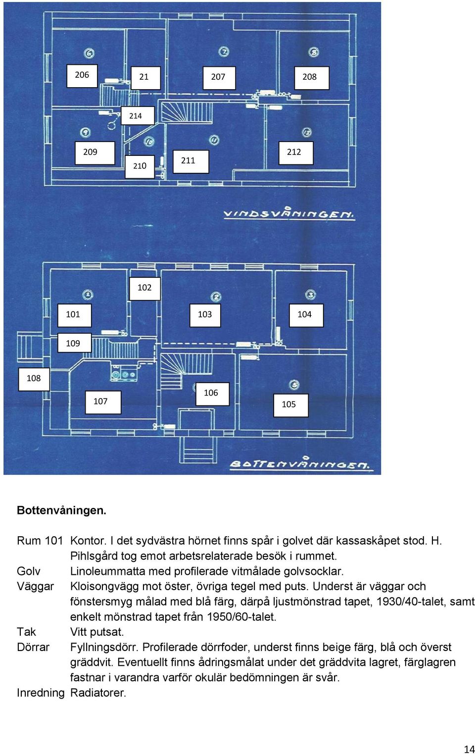 Underst är väggar och fönstersmyg målad med blå färg, därpå ljustmönstrad tapet, 1930/40-talet, samt enkelt mönstrad tapet från 1950/60-talet. Tak Vitt putsat. Dörrar Fyllningsdörr.