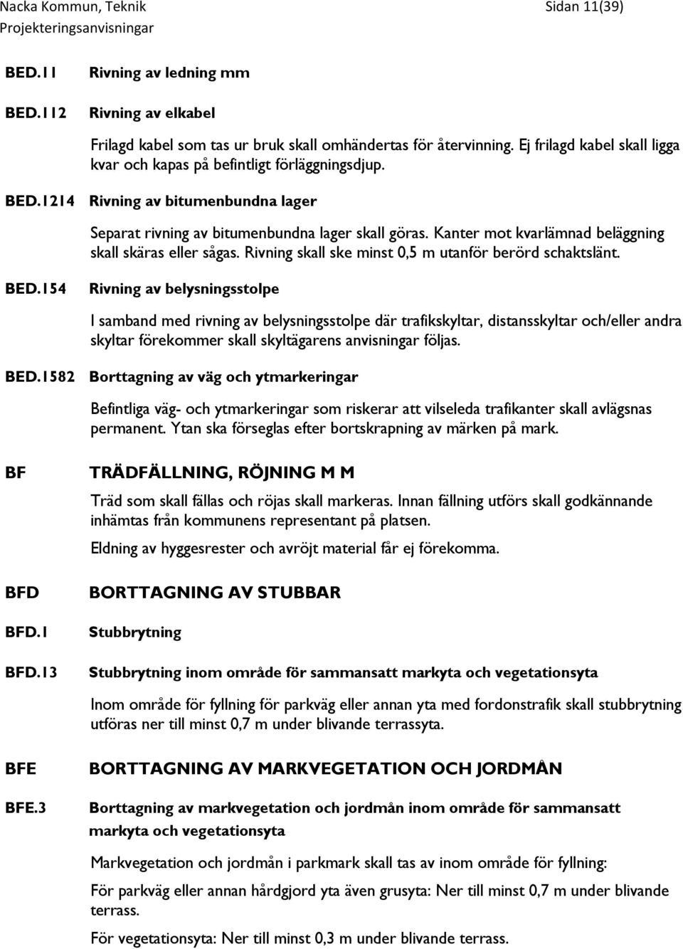 Kanter mot kvarlämnad beläggning skall skäras eller sågas. Rivning skall ske minst 0,5 m utanför berörd schaktslänt. BED.