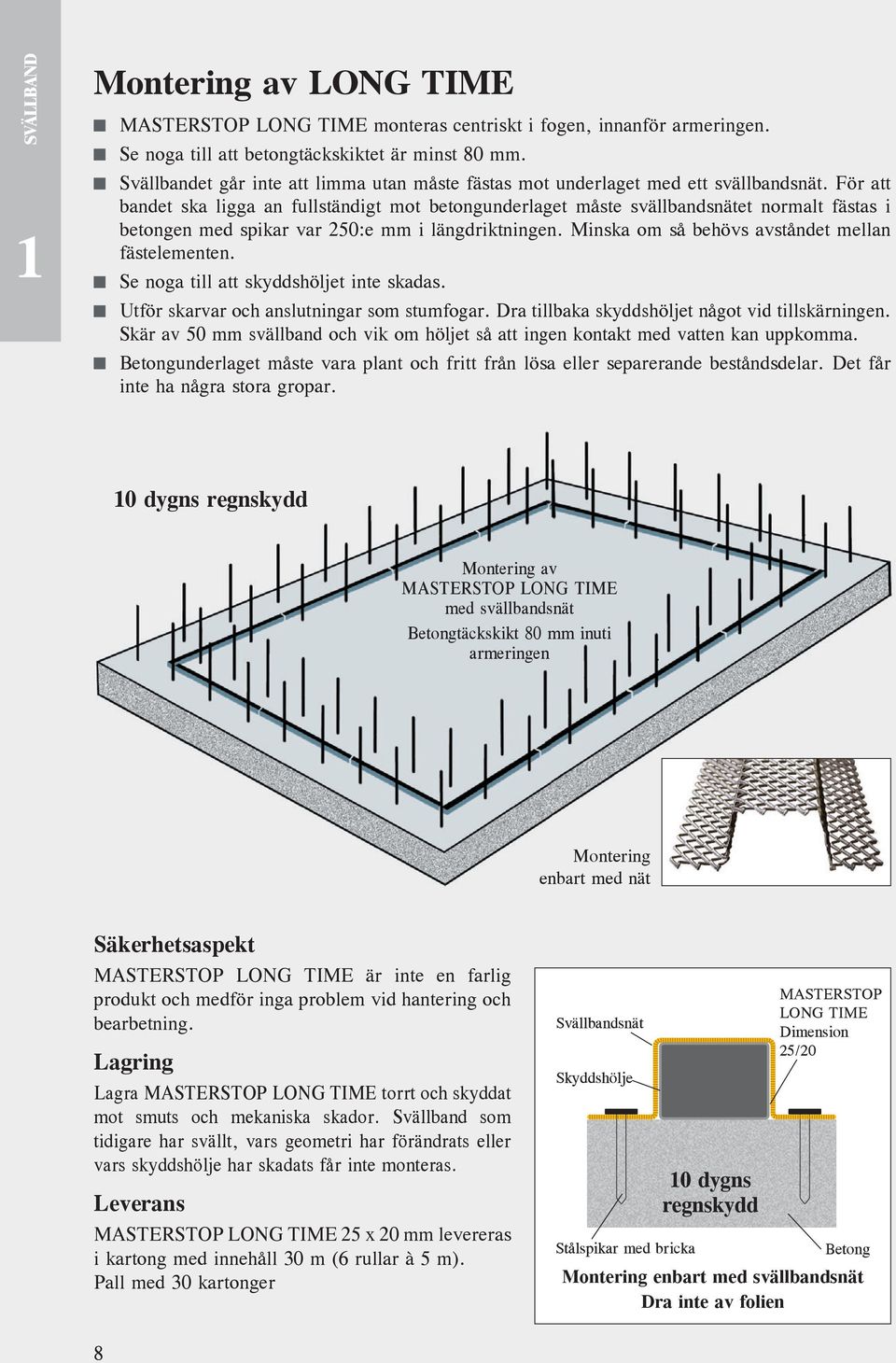 För att bandet ska ligga an fullständigt mot betongunderlaget måste svällbandsnätet normalt fästas i betongen med spikar var 250:e mm i längdriktningen.