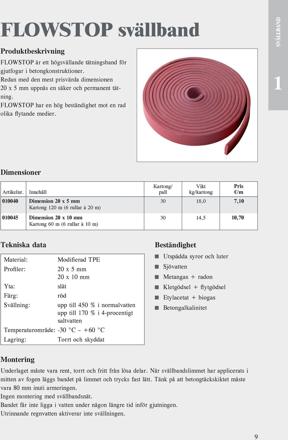 Innehåll 010040 Dimension 20 x 5 mm Kartong 120 m (6 rullar à 20 m) 010045 Dimension 20 x 10 mm Kartong 60 m (6 rullar à 10 m) Kartong/ pall Vikt kg/ Pris /m 30 18,0 7,10 30 14,5 10,70 Tekniska data