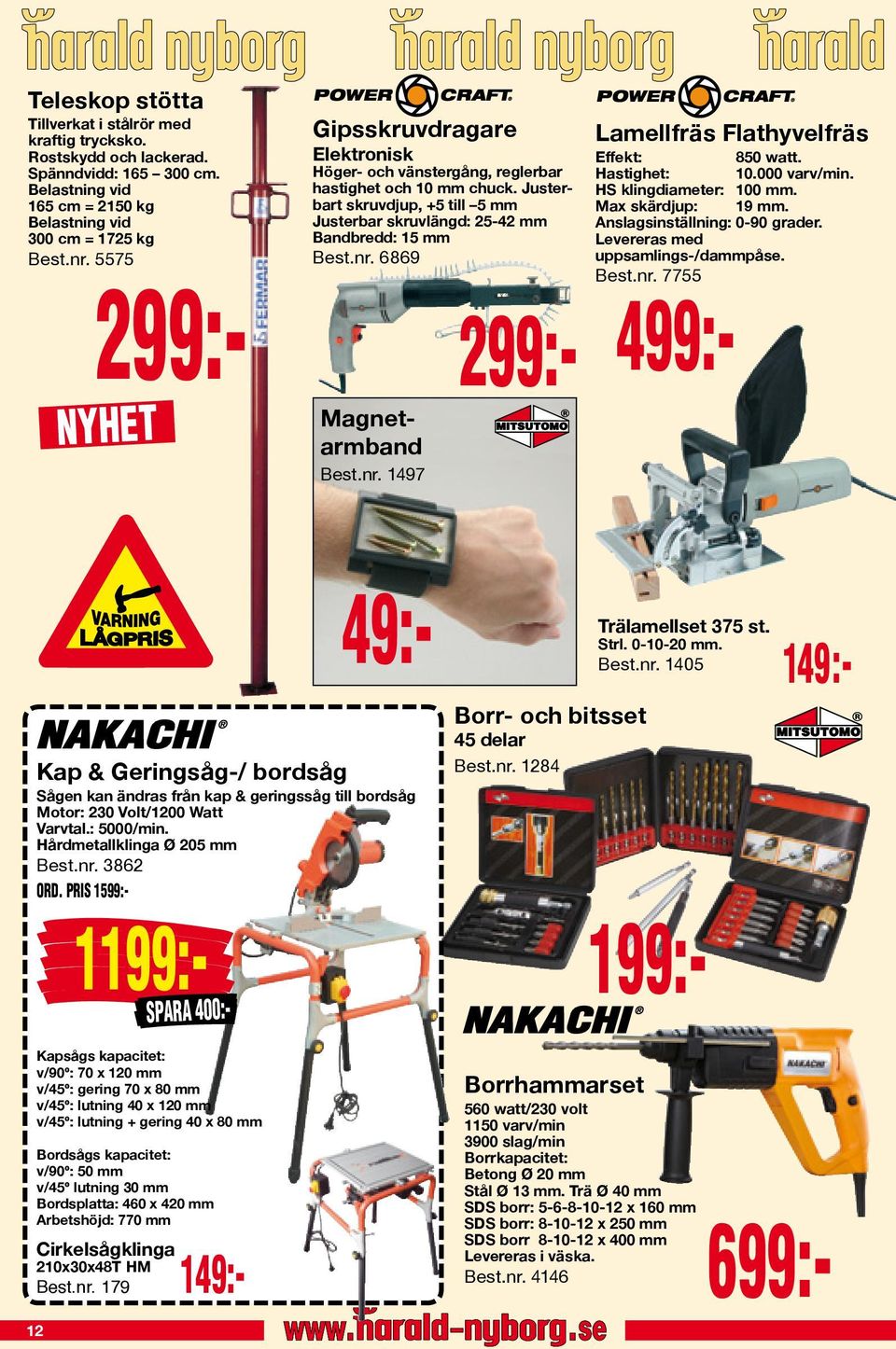 6869 Effekt: 850 watt. Hastighet: 10.000 varv/min. HS klingdiameter: 100 mm. Max skärdjup: 19 mm. Anslagsinställning: 0-90 grader. Levereras med uppsamlings-/dammpåse. Best.nr.