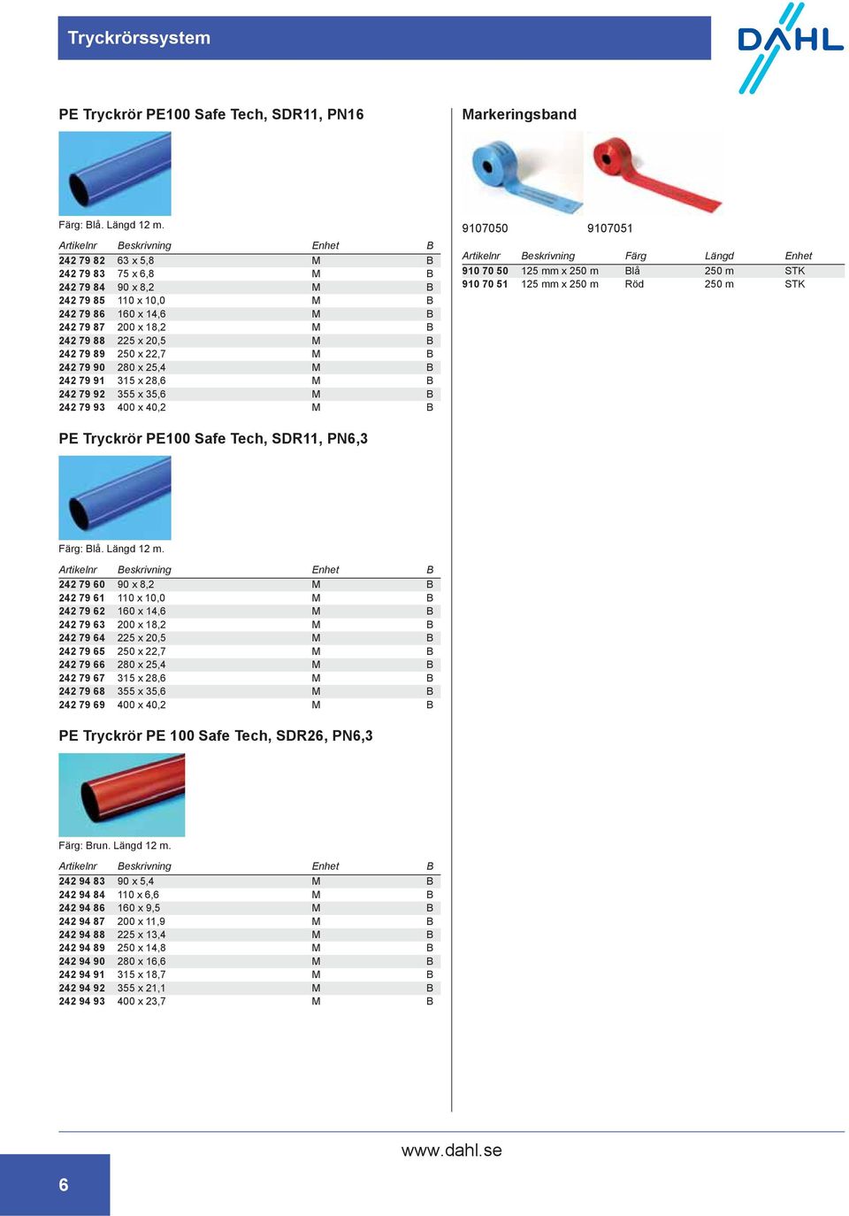 79 90 280 x 25,4 M B 242 79 91 315 x 28,6 M B 242 79 92 355 x 35,6 M B 242 79 93 400 x 40,2 M B 9107050 9107051 Artikelnr Beskrivning Färg Längd Enhet 910 70 50 125 mm x 250 m Blå 250 m STK 910 70 51