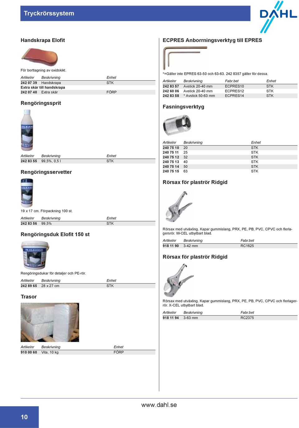 242 83 57 Avstick 20-40 mm ECPRES10 STK 242 60 06 Avstick 20-40 mm ECPRES12 STK 242 83 58 * Avstick 50-63 mm ECPRES14 STK Fasningsverktyg 242 83 55 99,5%, 0,5 l STK Rengöringsservetter 240 75 10 20