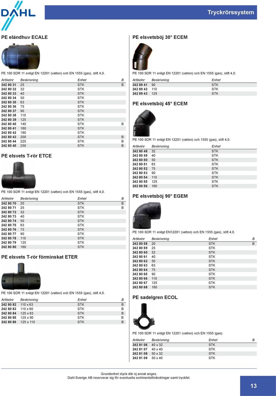 242 80 42 180 STK 242 80 43 200 STK B 242 80 44 225 STK B 242 80 45 250 STK B PE elsvets T-rör ETCE PE 100 SDR 11 enligt EN 12201 (vatten) och EN 1555 (gas), stift 4,0.