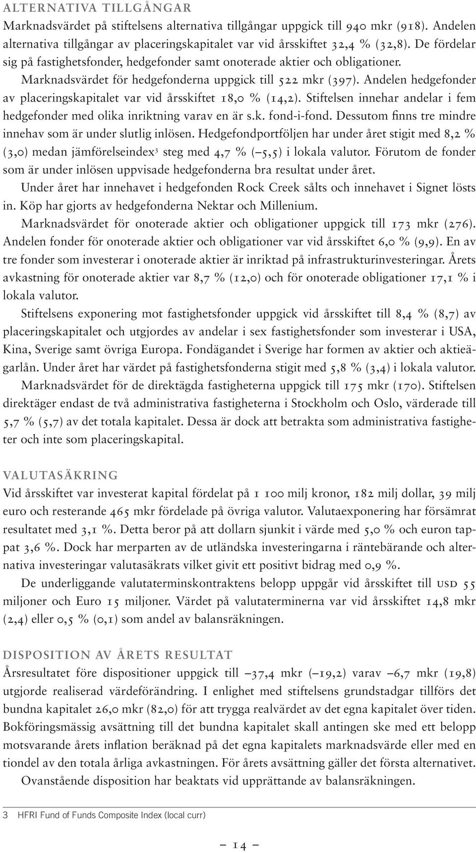 Andelen hedgefonder av placeringskapitalet var vid årsskiftet 18,0 % (14,2). Stiftelsen innehar andelar i fem hedgefonder med olika inriktning varav en är s.k. fond-i-fond.