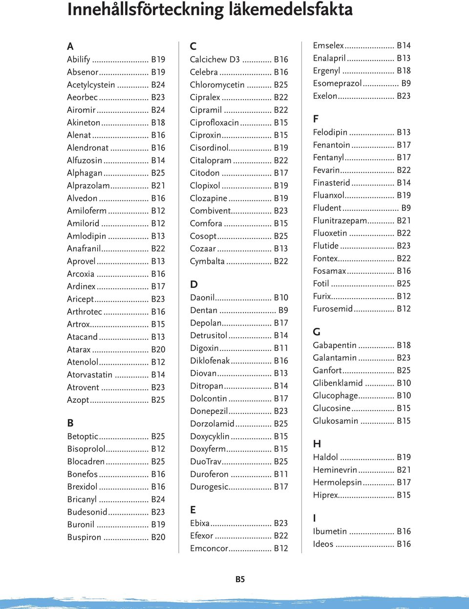 .. B15 Atacand... B13 Atarax... B20 Atenolol... B12 Atorvastatin... B14 Atrovent... B23 Azopt... B25 B Betoptic... B25 Bisoprolol... B12 Blocadren... B25 Bonefos... B16 Brexidol... B16 Bricanyl.