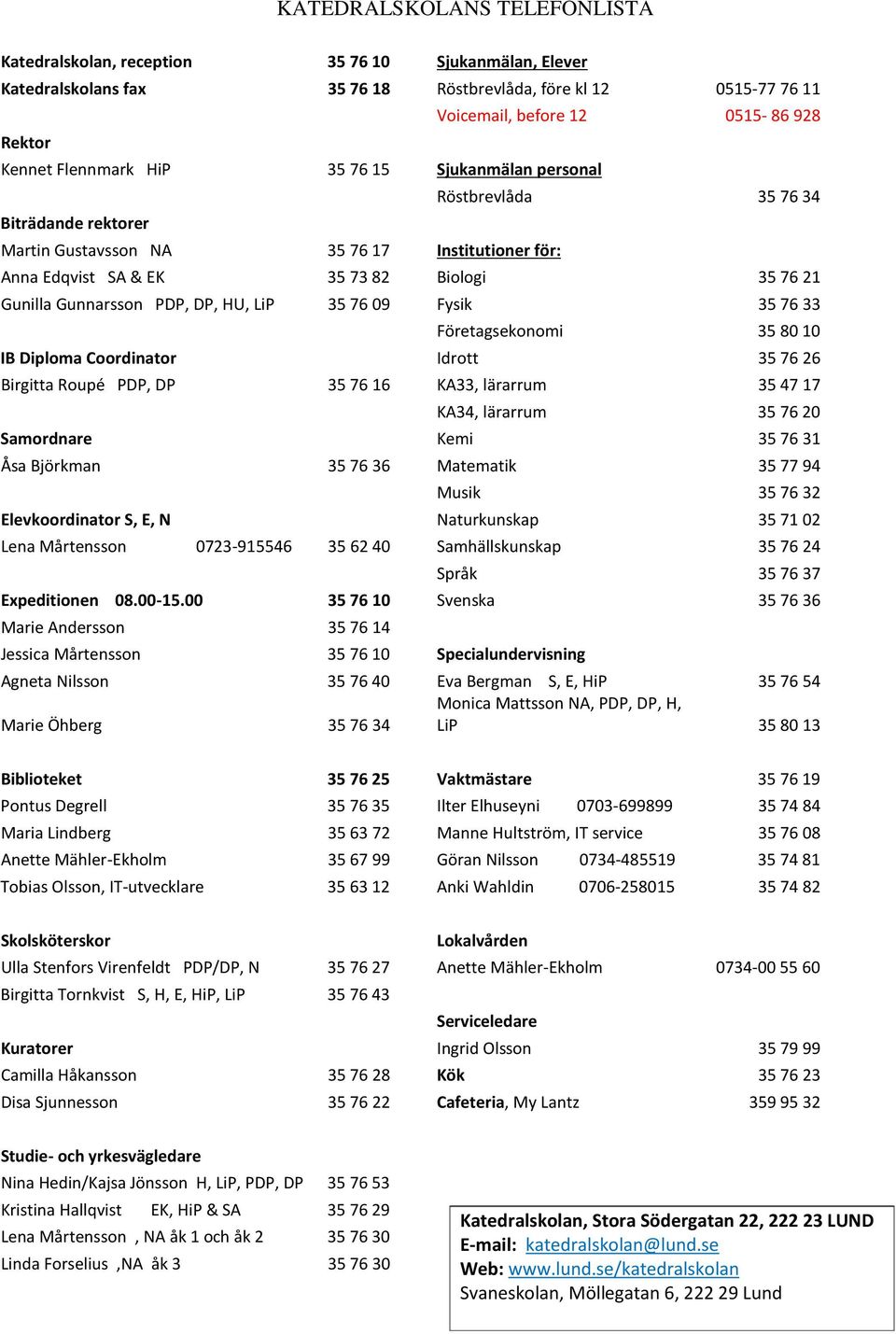 Gunnarsson PDP, DP, HU, LiP 35 76 09 Fysik 35 76 33 Företagsekonomi 35 80 10 IB Diploma Coordinator Idrott 35 76 26 Birgitta Roupé PDP, DP 35 76 16 KA33, lärarrum 35 47 17 KA34, lärarrum 35 76 20