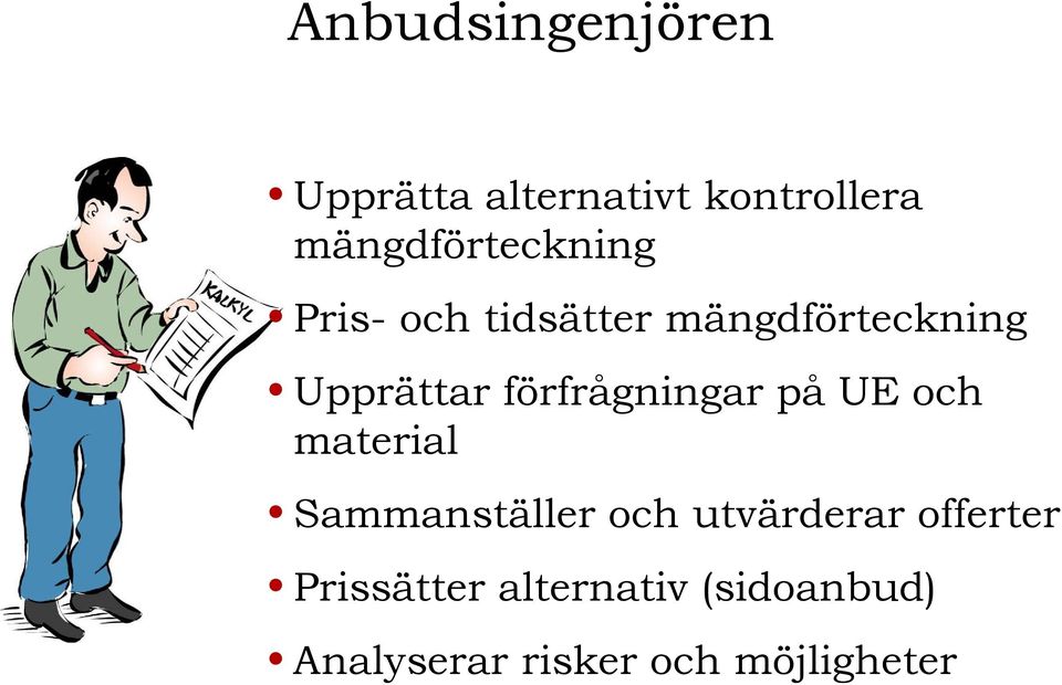 Upprättar förfrågningar på UE och material Sammanställer och