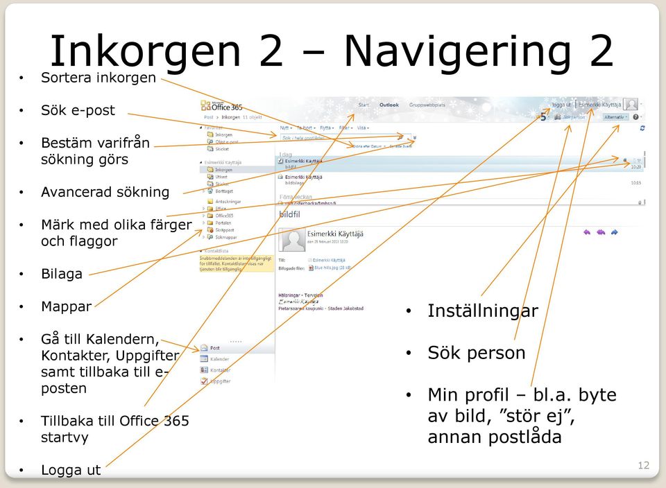 Kontakter, Uppgifter samt tillbaka till e- posten Tillbaka till Office 365 startvy