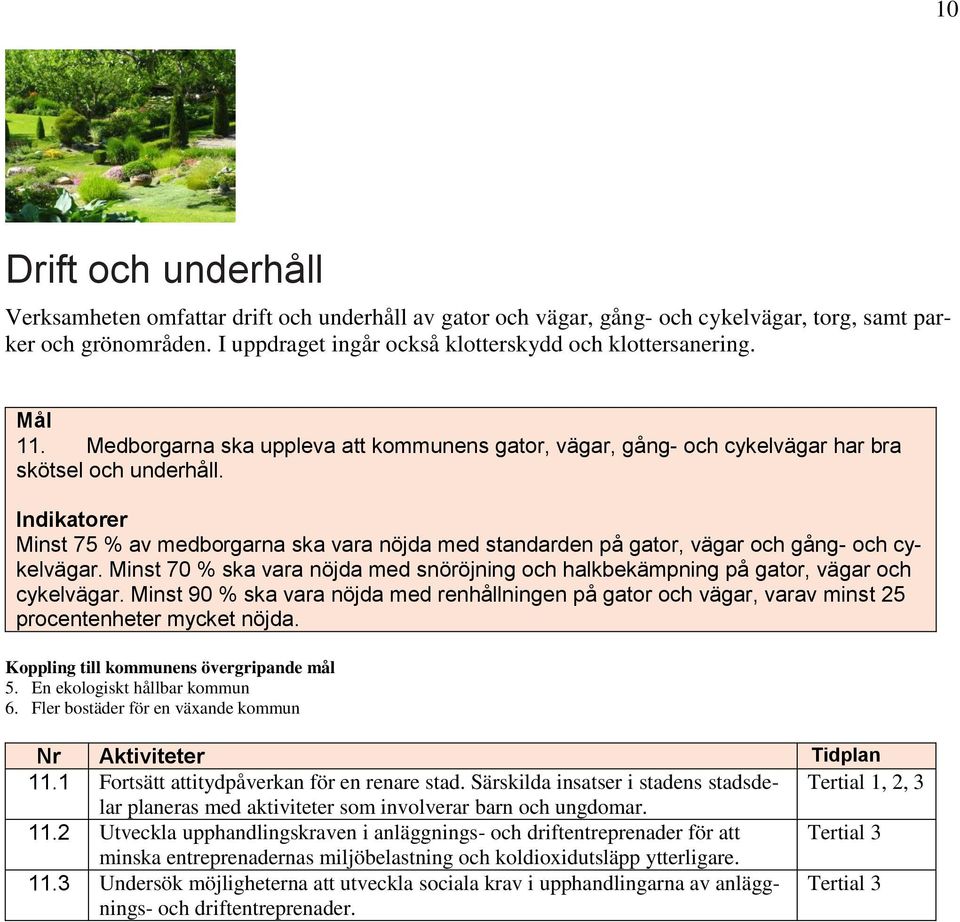 Minst 75 % av medborgarna ska vara nöjda med standarden på gator, vägar och gång- och cykelvägar. Minst 70 % ska vara nöjda med snöröjning och halkbekämpning på gator, vägar och cykelvägar.