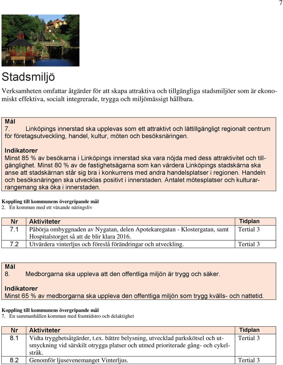 Minst 85 % av besökarna i Linköpings innerstad ska vara nöjda med dess attraktivitet och tillgänglighet.