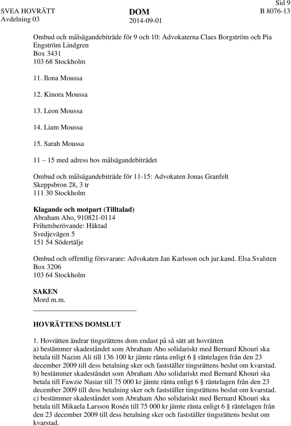 910821-0114 Frihetsberövande: Häktad Svedjevägen 5 151 54 Södertälje Ombud och offentlig försvarare: Advokaten Jan Karlsson och jur.kand. Elsa Svalsten Box 3206 103 64 Stockholm SAKEN Mord m.m. HOVRÄTTENS SLUT 1.