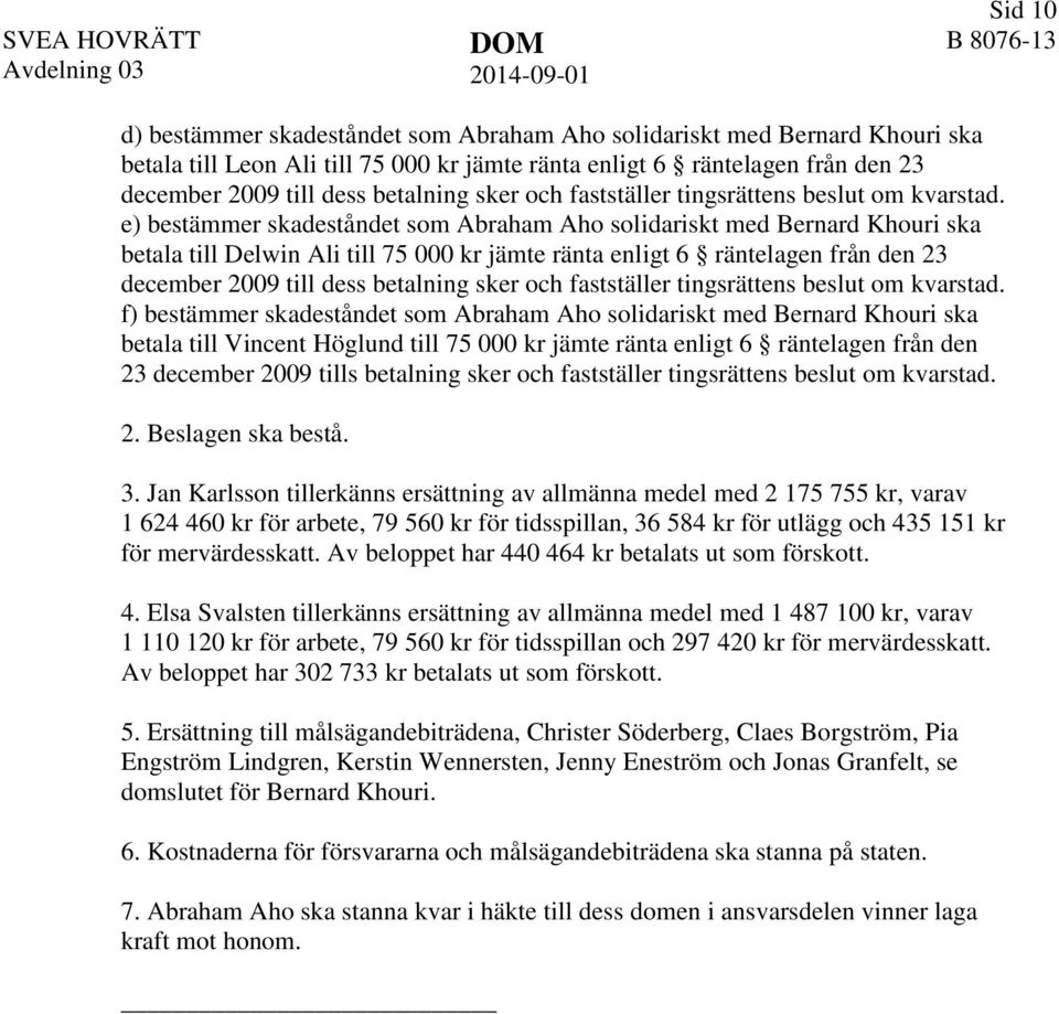 e) bestämmer skadeståndet som Abraham Aho solidariskt med Bernard Khouri ska betala till Delwin Ali till 75 000 kr jämte ränta enligt 6 räntelagen från den 23 december 2009 till dess betalning  f)