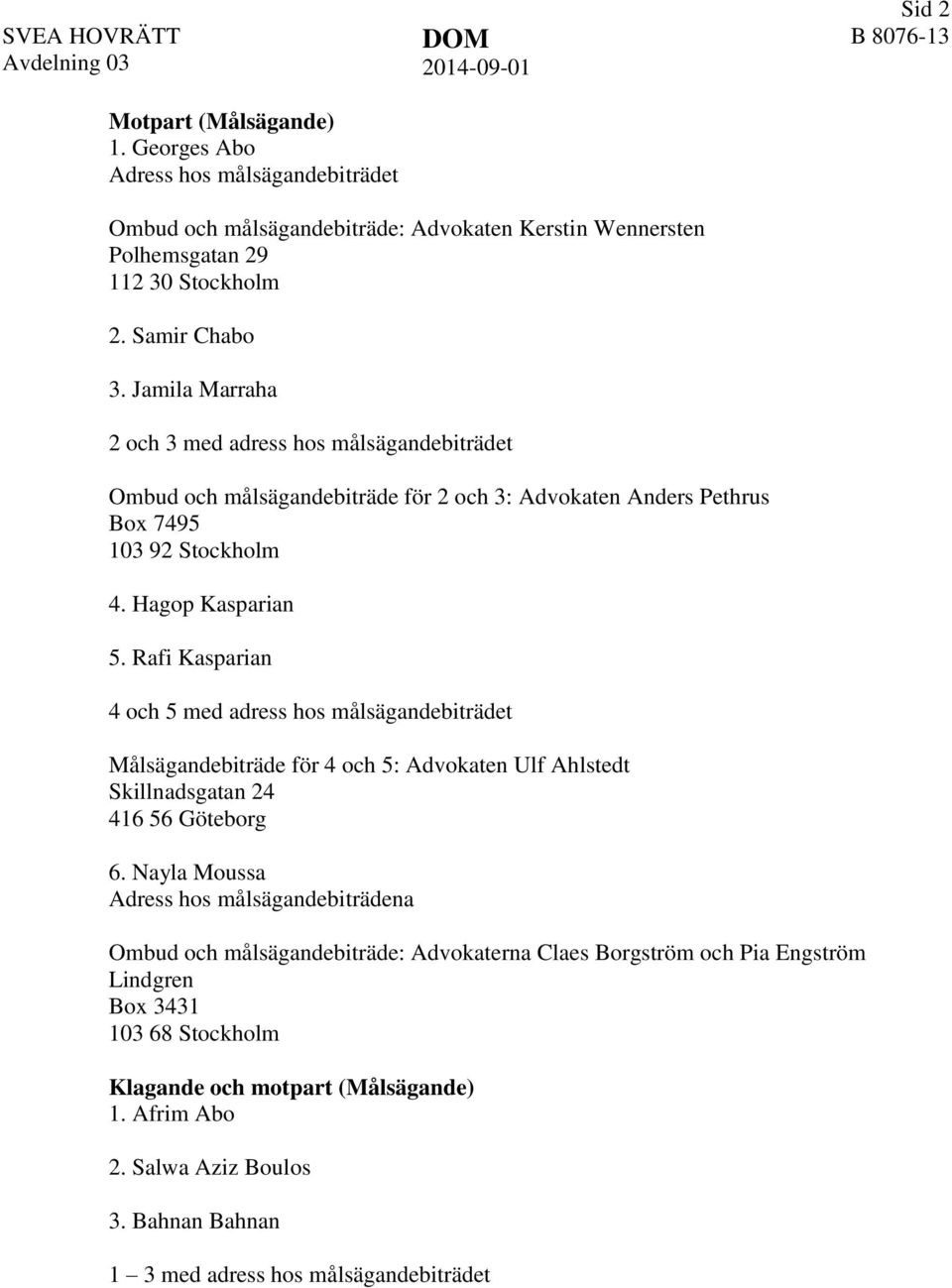 Rafi Kasparian 4 och 5 med adress hos målsägandebiträdet Målsägandebiträde för 4 och 5: Advokaten Ulf Ahlstedt Skillnadsgatan 24 416 56 Göteborg 6.