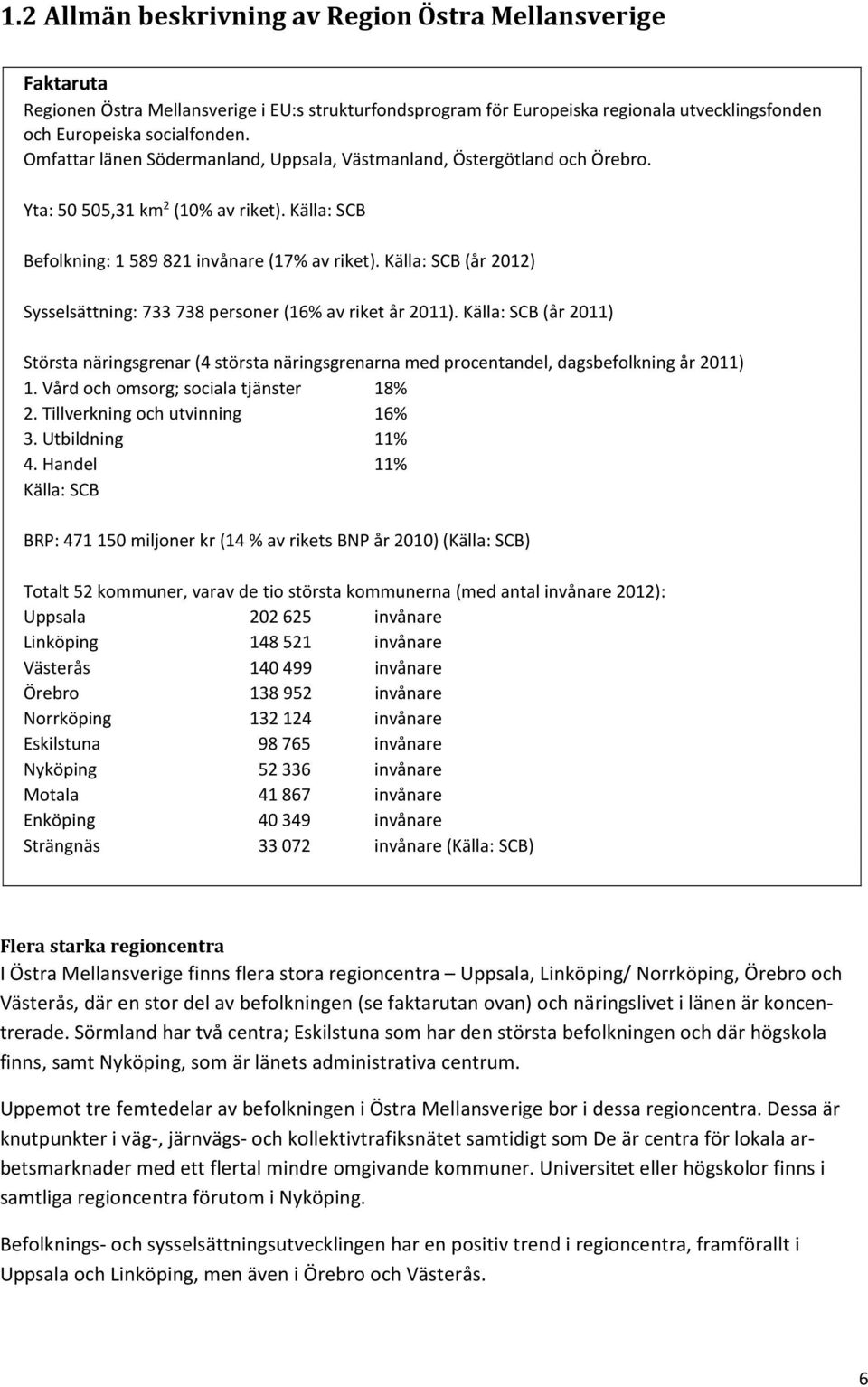 Källa: SCB (år 2012) Sysselsättning: 733 738 personer (16% av riket år 2011). Källa: SCB (år 2011) Största näringsgrenar (4 största näringsgrenarna med procentandel, dagsbefolkning år 2011) 1.