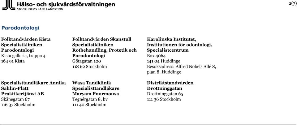 Specialistkliniken Rotbehandling, Protetik och Parodontologi Götagatan 100 118 62 Stockholm Wasa