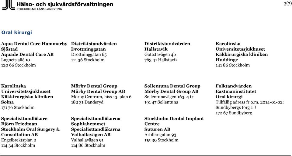 Consultation AB Engelbrektsplan 2 114 34 Stockholm Mörby Dental Group Mörby Centrum, hiss 13, plan 6 182 31 Danderyd Sophiahemmet Valhallavägen AB Valhallavägen 91 114 86 Stockholm Sollentuna