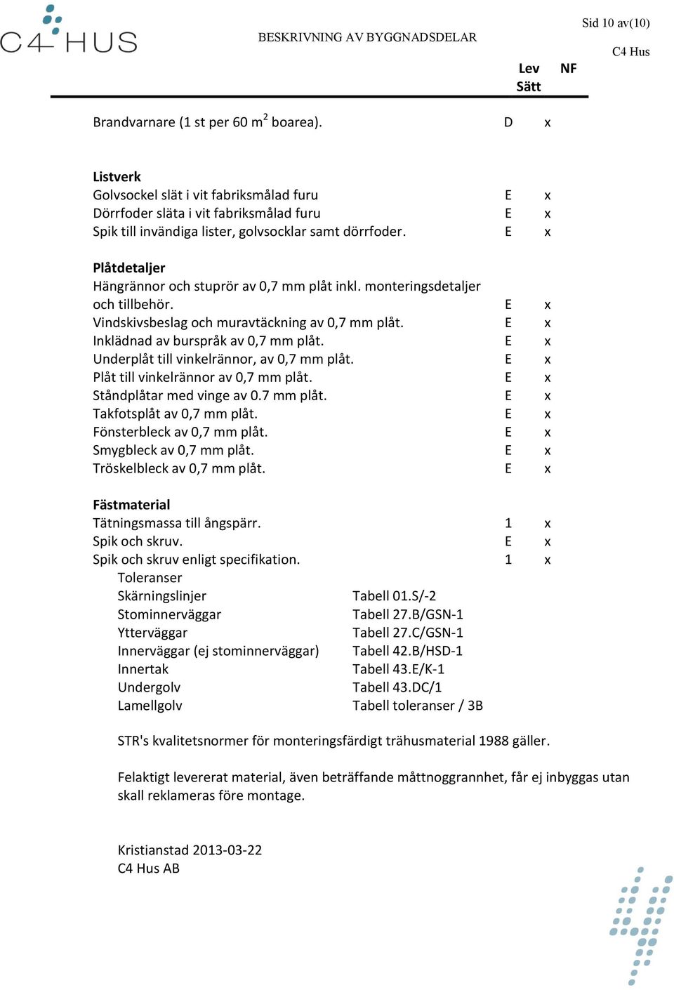 E x Plåtdetaljer Hängrännor och stuprör av 0,7 mm plåt inkl. monteringsdetaljer och tillbehör. E x Vindskivsbeslag och muravtäckning av 0,7 mm plåt. E x Inklädnad av burspråk av 0,7 mm plåt.