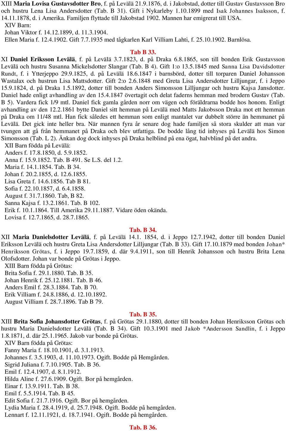 12.4.1902. Gift 7.7.1935 med tågkarlen Karl Villiam Lahti, f. 25.10.1902. Barnlösa. Tab B 33. XI Daniel Eriksson Levälä, f. på Levälä 3.7.182