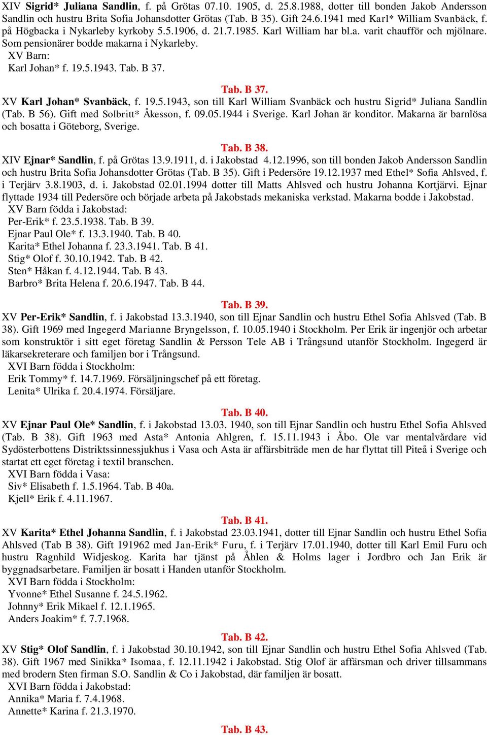 XV Barn: Karl Johan* f. 19.5.1943. Tab. B 37. Tab. B 37. XV Karl Johan* Svanbäck, f. 19.5.1943, son till Karl William Svanbäck och hustru Sigrid* Juliana Sandlin (Tab. B 56).