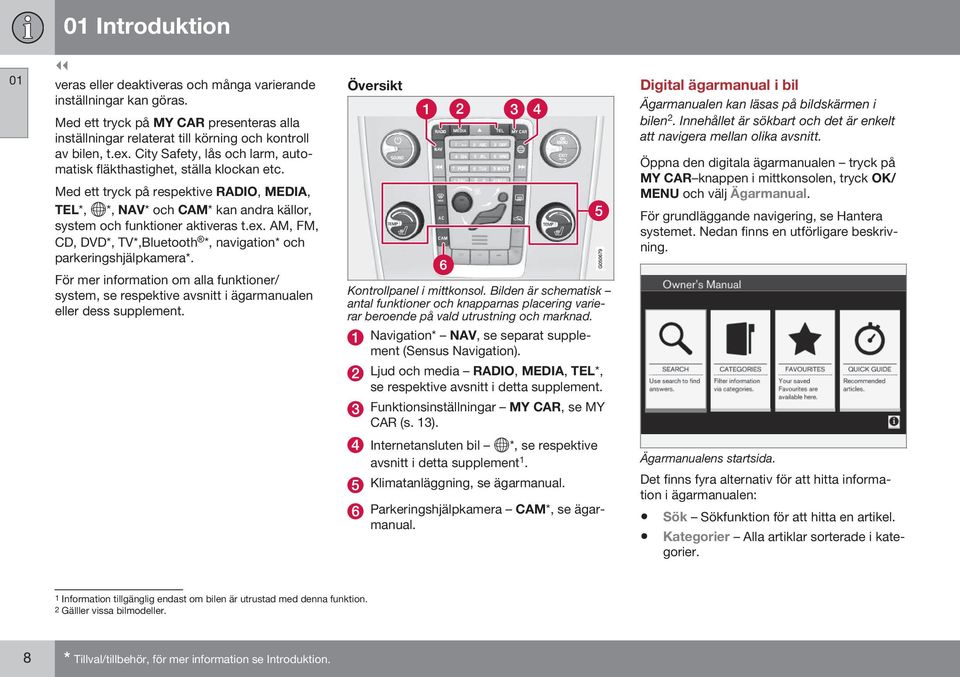 AM, FM, CD, DVD*, TV*,Bluetooth *, navigation* och parkeringshjälpkamera*. Översikt Digital ägarmanual i bil Ägarmanualen kan läsas på bildskärmen i bilen 2.