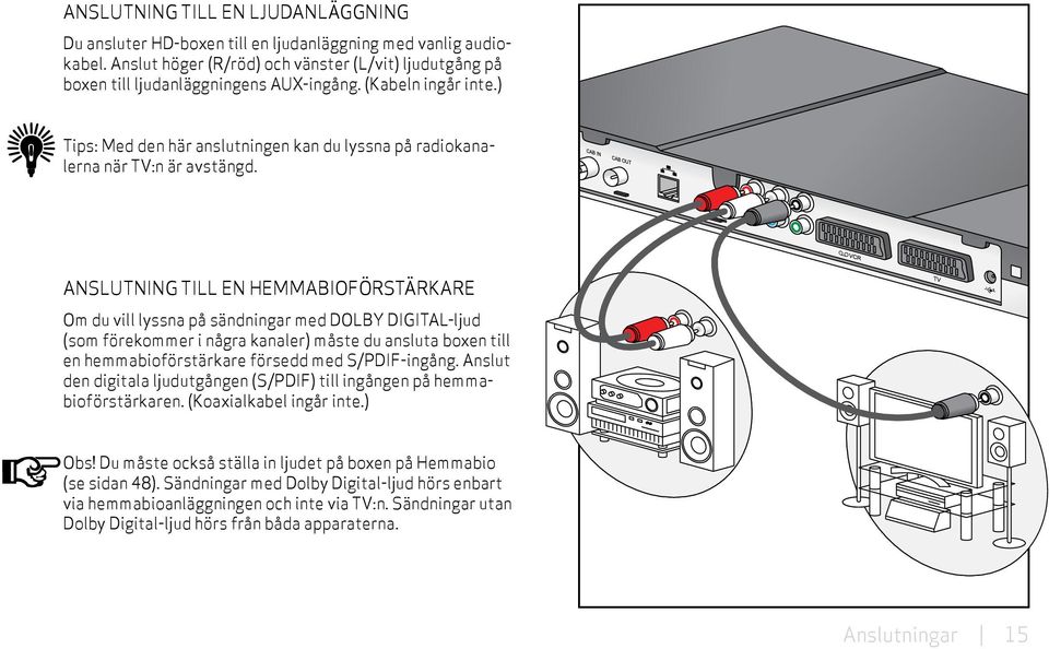 Anslutning till en hemmabioförstärkare Om du vill lyssna på sändningar med DOLBY DIGITAL-ljud (som förekommer i några kanaler) måste du ansluta boxen till en hemmabioförstärkare försedd med