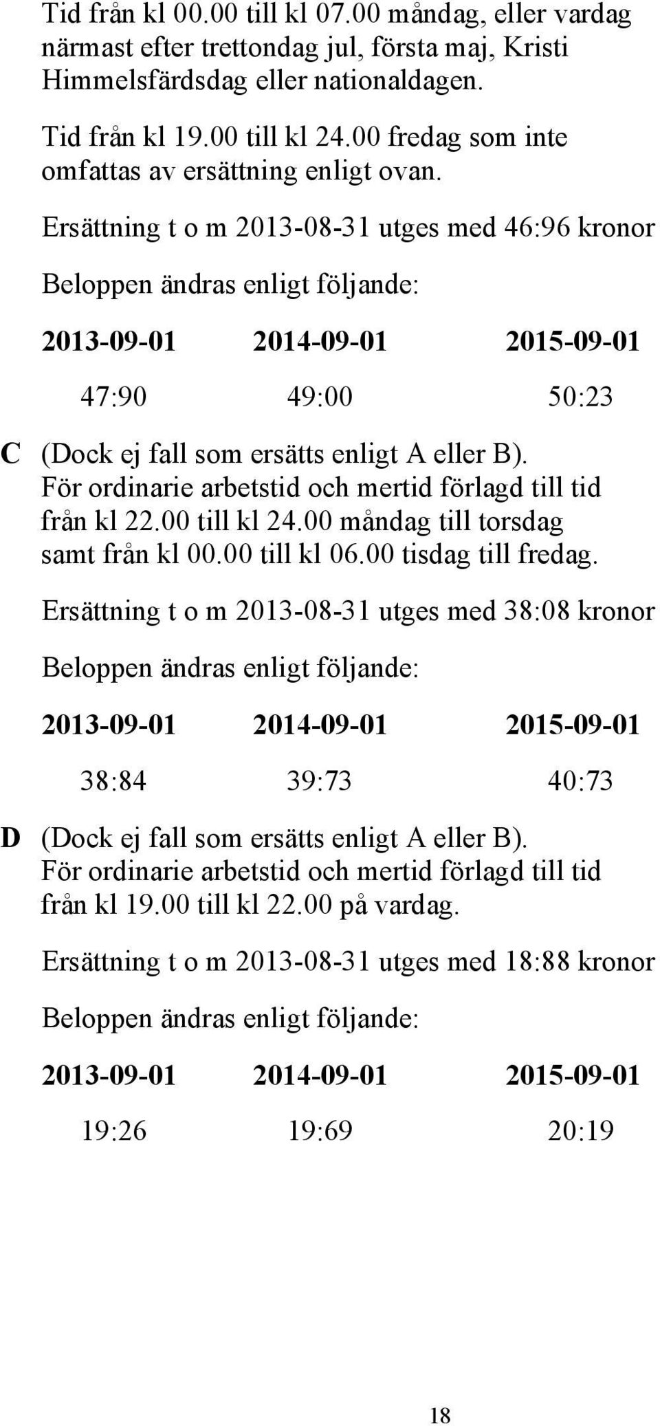 Ersättning t o m 2013-08-31 utges med 46:96 kronor Beloppen ändras enligt följande: 2013-09-01 2014-09-01 2015-09-01 47:90 49:00 50:23 C (Dock ej fall som ersätts enligt A eller B).