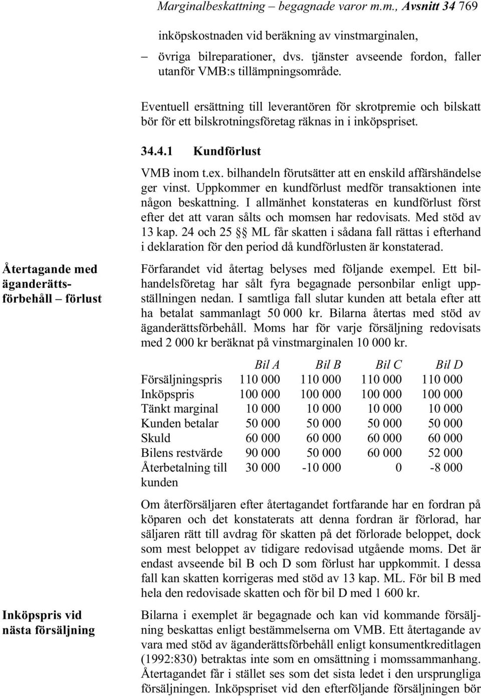 Återtagande med äganderättsförbehåll förlust Inköpspris vid nästa försäljning 34.4.1 Kundförlust VMB inom t.ex. bilhandeln förutsätter att en enskild affärshändelse ger vinst.