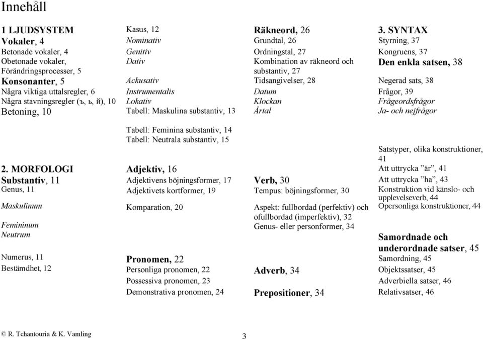 Förändringsprocesser, 5 substantiv, 27 Konsonanter, 5 Ackusativ Tidsangivelser, 28 Negerad sats, 38 Några viktiga uttalsregler, 6 Instrumentalis Datum Frågor, 39 Några stavningsregler (ъ, ь, й), 10