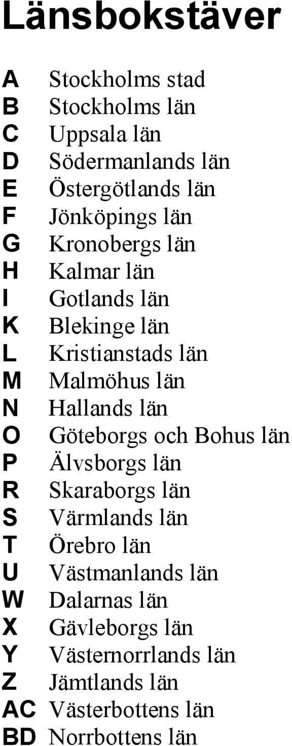 Hallands län O Göteborgs och Bohus län P Älvsborgs län R Skaraborgs län S Värmlands län T Örebro län U