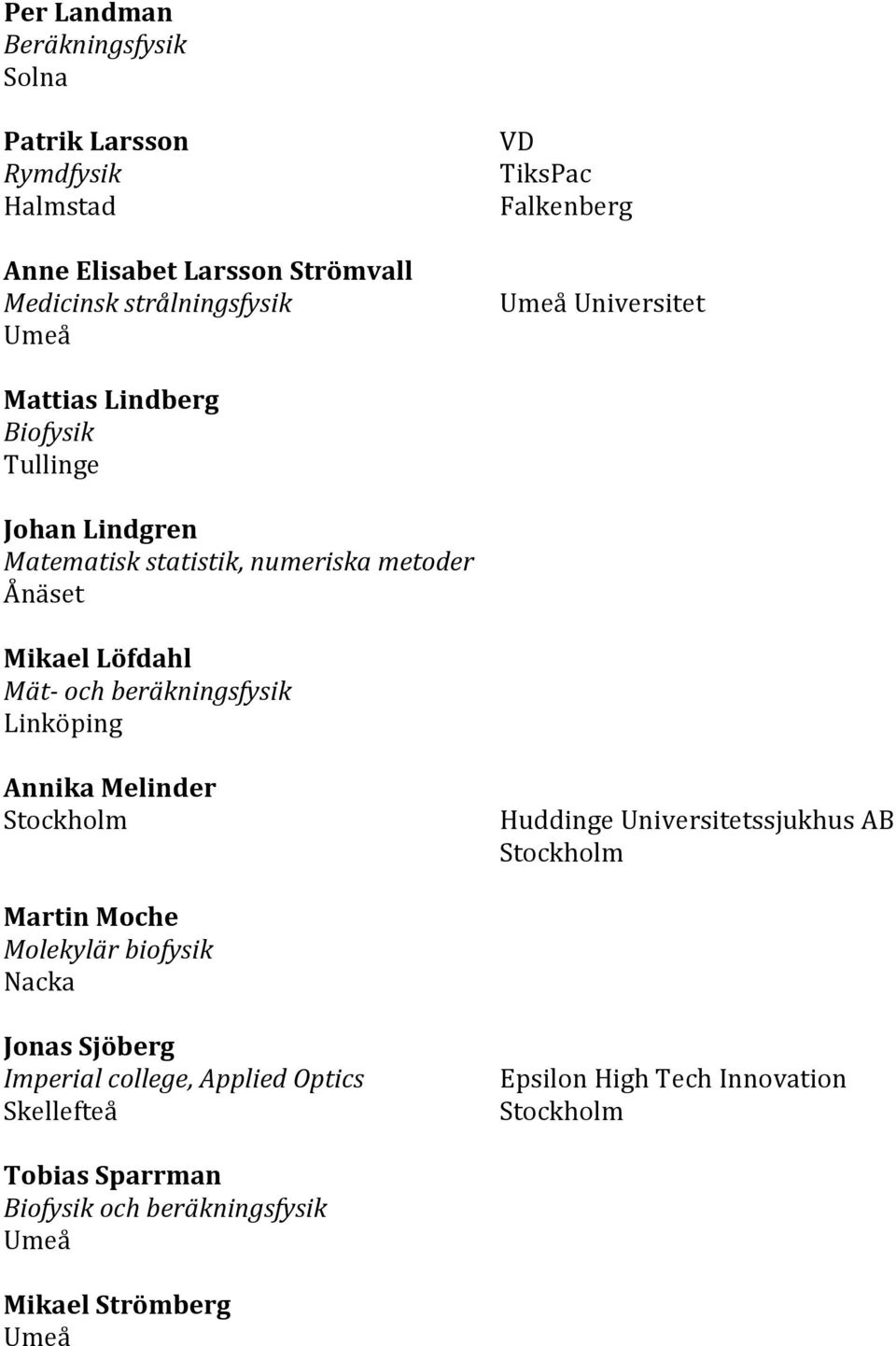 Ånäset Mikael Löfdahl Linköping Annika Melinder Huddinge Universitetssjukhus AB Martin Moche Molekylär biofysik Nacka Jonas